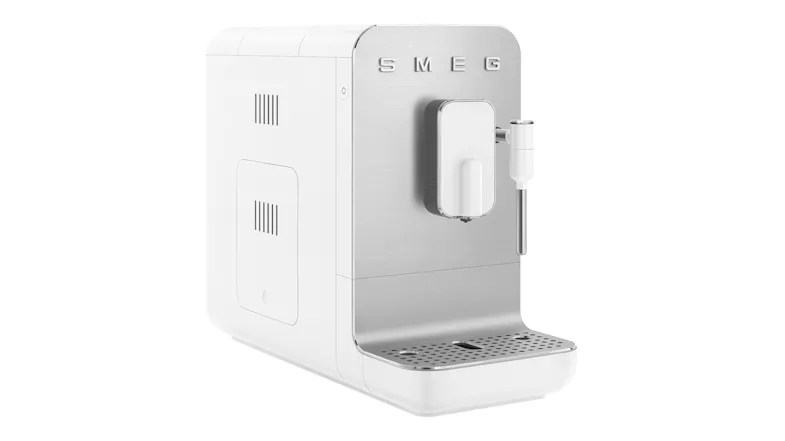 Three-quarter view of the automatic coffee machine showcasing the steam wand Three-quarter view of the automatic coffee machine showcasing the steam wand