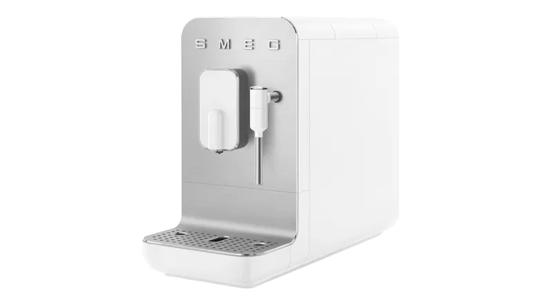 Angled right side view of the coffee machine in a sleek matte white colour Angled right side view of the coffee machine in a sleek matte white colour