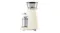 Side profile of Smeg coffee grinder with transparent hopper and container, emphasising compact and elegant build Side profile of Smeg coffee grinder with transparent hopper and container, emphasising compact and elegant build