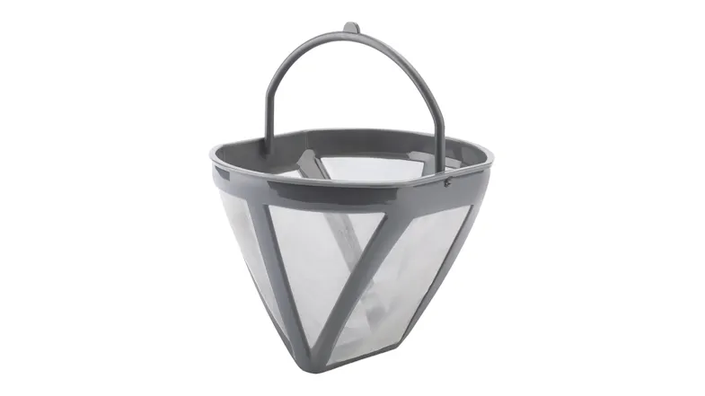 Close-up view of the cone-shaped mesh coffee filter with a handle Close-up view of the cone-shaped mesh coffee filter with a handle