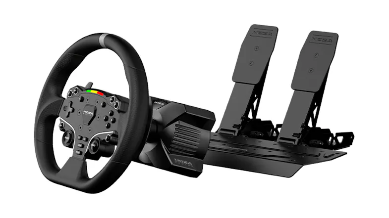Side view featuring a racing wheel attached to the base next to the pedals Side view featuring a racing wheel attached to the base next to the pedals
