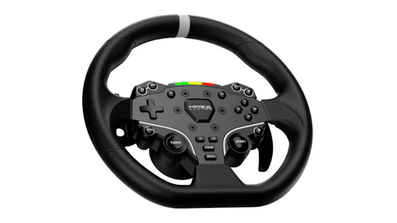 Angled front view of the racing wheel, highlighting the face buttons and round rim Angled front view of the racing wheel, highlighting the face buttons and round rim