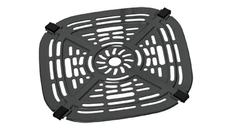 A square crisper plate featuring slotted drainage holes A square crisper plate featuring slotted drainage holes