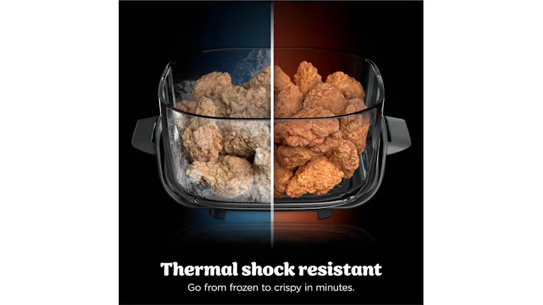 A split graphic comparison of a frosted versus a cooked food in a Ninja container A split graphic comparison of a frosted versus a cooked food in a Ninja container