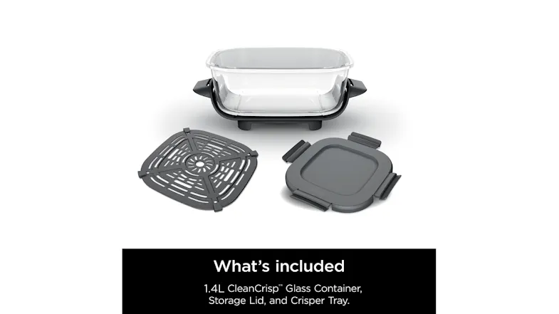Deconstructed view of the CleanCrisp container showing the plate, glass, and lid Deconstructed view of the CleanCrisp container showing the plate, glass, and lid