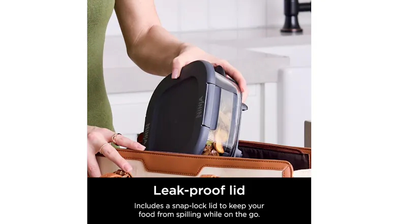 Promotional graphic of the Ninja glass container showcasing a leak-proof lid Promotional graphic of the Ninja glass container showcasing a leak-proof lid