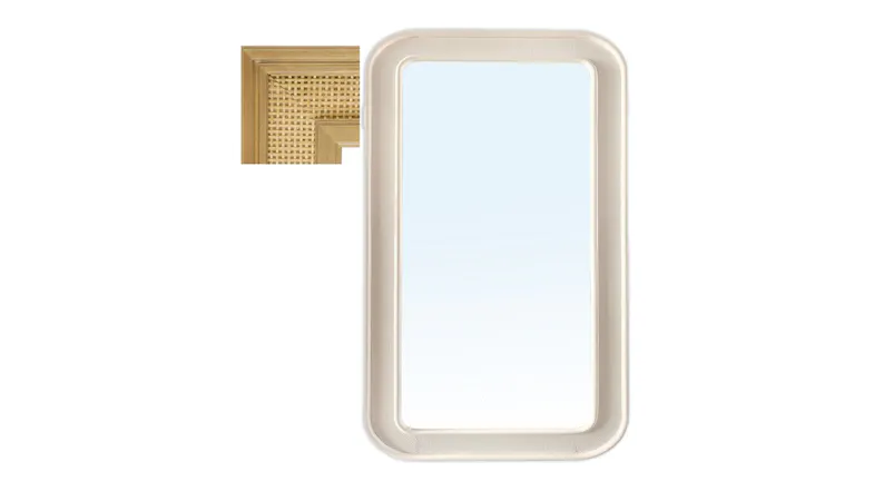 Front view of the mirror highlighting a natural cane corner inset Front view of the mirror highlighting a natural cane corner inset