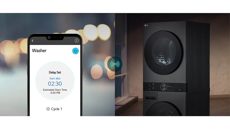 Split-screen view featuring a remote app and the black Washtower Split-screen view featuring a remote app and the black Washtower