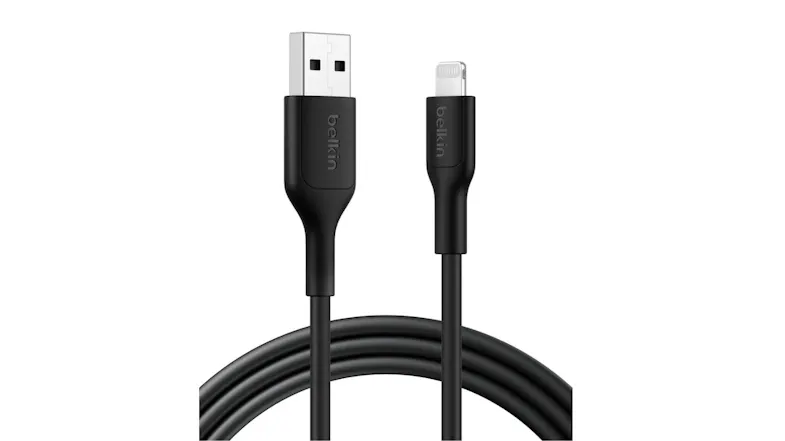 Coiled black Belkin Lightning to USB‑A cable with connectors visible, flexible build and smooth matte texture for durability Coiled black Belkin Lightning to USB‑A cable with connectors visible, flexible build and smooth matte texture for durability