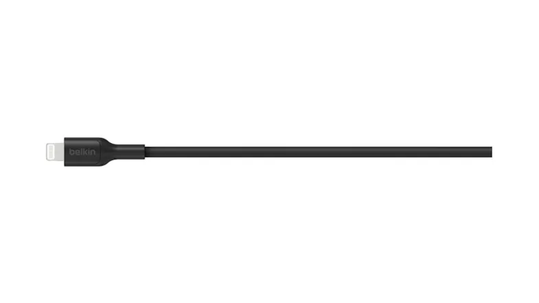 An extended Belkin Lightning cable laid flat on a white background, with a slim black design with connector labelled “Belkin” An extended Belkin Lightning cable laid flat on a white background, with a slim black design with connector labelled “Belkin”