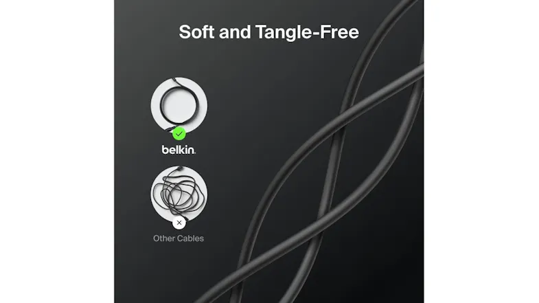Belkin cable comparison showing tangle‑free design versus tangled cables, labelled “Soft and Tangle‑Free.” Belkin cable comparison showing tangle‑free design versus tangled cables, labelled “Soft and Tangle‑Free.”