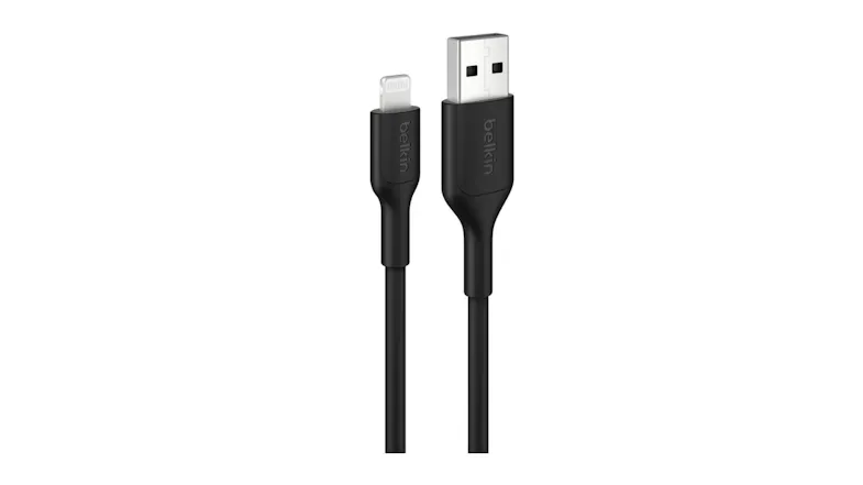 Black Belkin Lightning to USB‑A cable close‑up showing connectors with embossed logo, sleek matte finish and durable design Black Belkin Lightning to USB‑A cable close‑up showing connectors with embossed logo, sleek matte finish and durable design