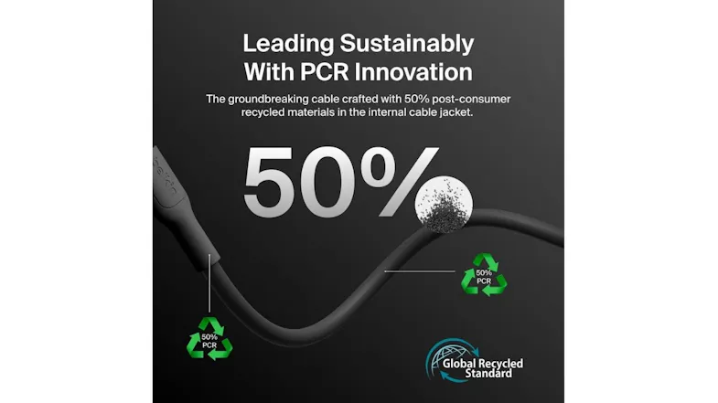 Belkin cable graphic highlighting 50% post‑consumer recycled materials and Global Recycled Standard certification Belkin cable graphic highlighting 50% post‑consumer recycled materials and Global Recycled Standard certification