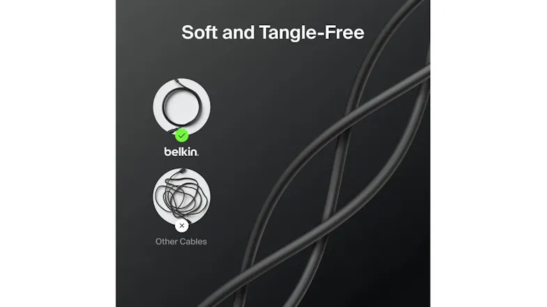 Belkin cable comparison showing tangle‑free design versus tangled cables, labelled “Soft and Tangle‑Free.” Belkin cable comparison showing tangle‑free design versus tangled cables, labelled “Soft and Tangle‑Free.”