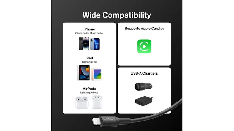 Compatibility chart showing that the Belkin Lightning cable works with iPhone, iPad, AirPods, Apple CarPlay, and USB‑A chargers Compatibility chart showing that the Belkin Lightning cable works with iPhone, iPad, AirPods, Apple CarPlay, and USB‑A chargers