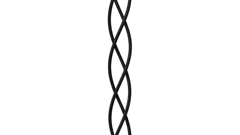 A close-up view of two black braided cables loosely twisted around each other vertically A close-up view of two black braided cables loosely twisted around each other vertically