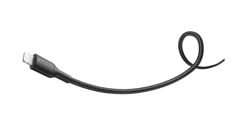 A black Belkin Lightning cable head with a braided cord curving into a single loop A black Belkin Lightning cable head with a braided cord curving into a single loop