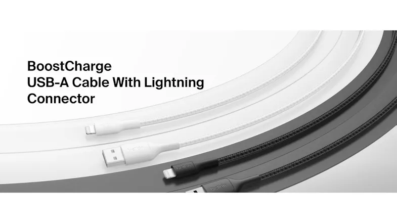 Text "BoostCharge USB-A Cable with Lightning Connector" with white and black braided cables Text "BoostCharge USB-A Cable with Lightning Connector" with white and black braided cables