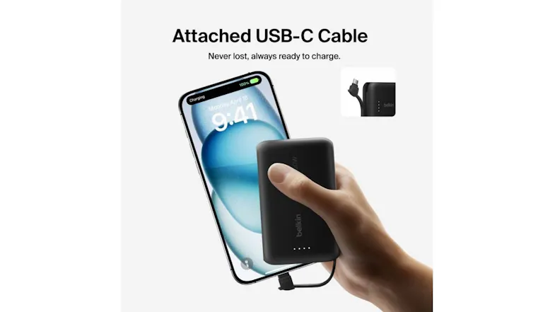 Hand holding a Belkin 20W power bank charging phone, text reads “Attached USB‑C Cable – Never lost, always ready.” Hand holding a Belkin 20W power bank charging phone, text reads “Attached USB‑C Cable – Never lost, always ready.”