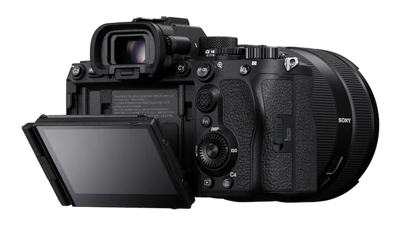 Rear view of the camera at a low angle showing the LCD screen extended out and tilted down forward Rear view of the camera at a low angle showing the LCD screen extended out and tilted down forward