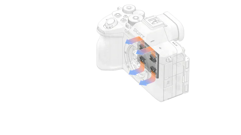 Transparent rear-view diagram of a camera body illustrating internal heat dissipation flow with arrows Transparent rear-view diagram of a camera body illustrating internal heat dissipation flow with arrows