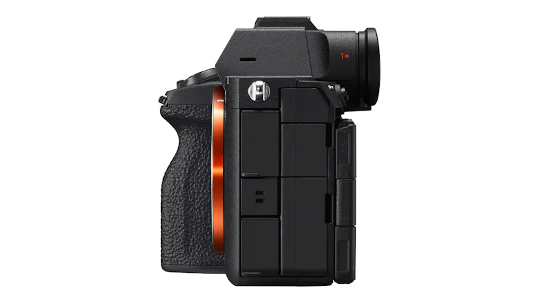 A right side-profile view showing the camera's input/output connection port flaps closed A right side-profile view showing the camera's input/output connection port flaps closed