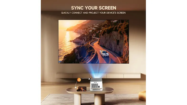 Rear high-angle view of a white projector on a coffee table, casting a movie screen graphic onto a living room wall Rear high-angle view of a white projector on a coffee table, casting a movie screen graphic onto a living room wall