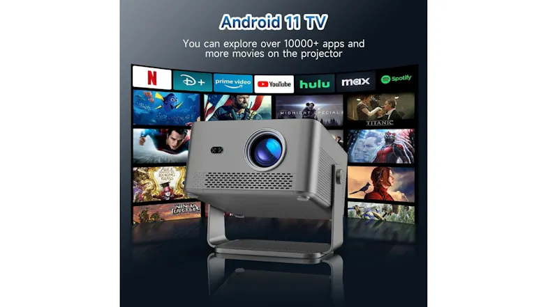 Front low-angle view of a grey projector on its stand, positioned before a curved wall of popular streaming apps Front low-angle view of a grey projector on its stand, positioned before a curved wall of popular streaming apps