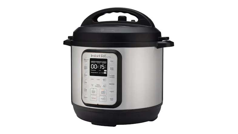 Angled view of the Instant Pot Duo Plus showing stainless steel body, from a three-quarter perspective Angled view of the Instant Pot Duo Plus showing stainless steel body, from a three-quarter perspective