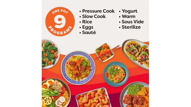 Feature graphic showing nine cooking functions with images of dishes like rice, eggs, yoghurt, and soups Feature graphic showing nine cooking functions with images of dishes like rice, eggs, yoghurt, and soups