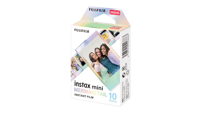 Angled view of the Instax mini retail box with Mermaid Tail pattern Angled view of the Instax mini retail box with Mermaid Tail pattern