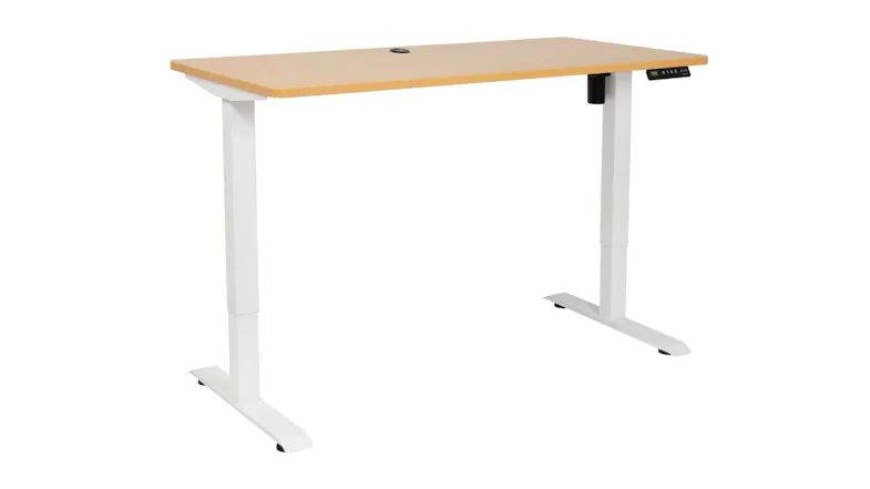Jasper J Pulse Adjustable Office Desk with light wood tabletop, white metal legs, and digital control panel on the right side Jasper J Pulse Adjustable Office Desk with light wood tabletop, white metal legs, and digital control panel on the right side