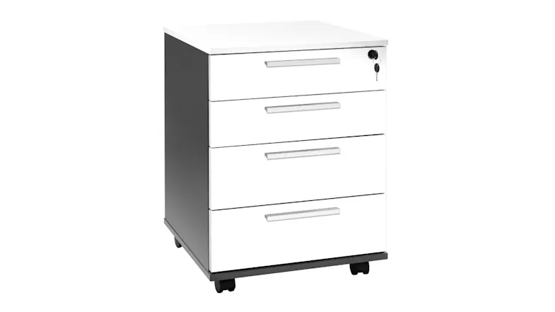 An angled view of a mobile 4-drawer office cabinet with a light wood front, black sides, and keys in the top lock An angled view of a mobile 4-drawer office cabinet with a light wood front, black sides, and keys in the top lock