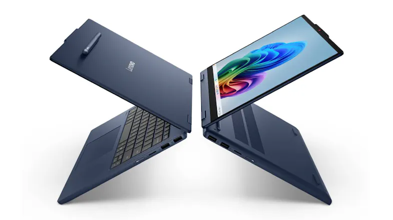 Two overlapping views of the laptop in tent mode, showcasing both keyboard and display sides in Cosmic Blue finish Two overlapping views of the laptop in tent mode, showcasing both keyboard and display sides in Cosmic Blue finish