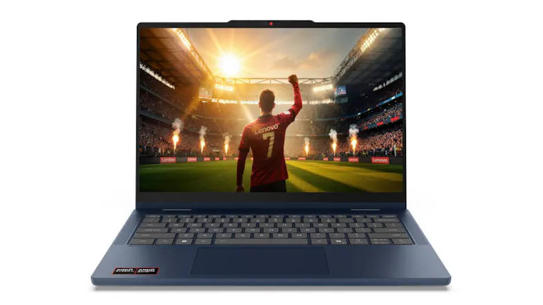 Front view of Lenovo IdeaPad 5a 2‑in‑1 laptop in Cosmic Blue open, showing a stadium scene on screen Front view of Lenovo IdeaPad 5a 2‑in‑1 laptop in Cosmic Blue open, showing a stadium scene on screen