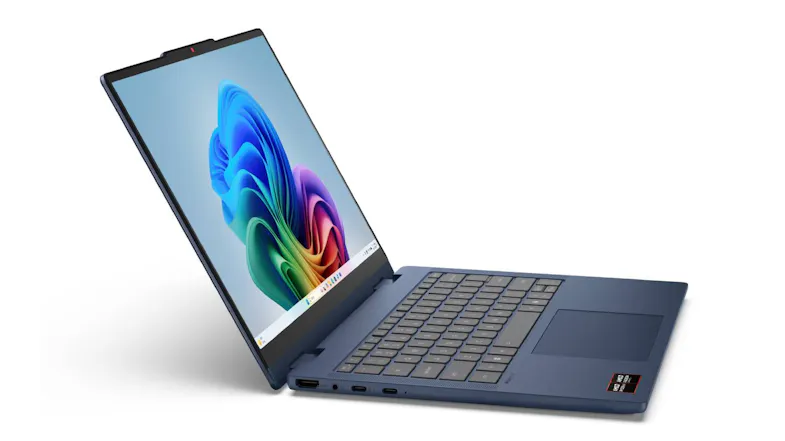 Angled front-left view of the open laptop displaying a colourful abstract wallpaper, showcasing a slim profile and hinge Angled front-left view of the open laptop displaying a colourful abstract wallpaper, showcasing a slim profile and hinge