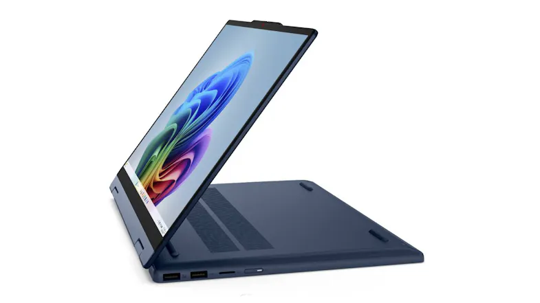 Side angled view of the laptop partially open, emphasising thin design, hinge flexibility, and display clarity Side angled view of the laptop partially open, emphasising thin design, hinge flexibility, and display clarity