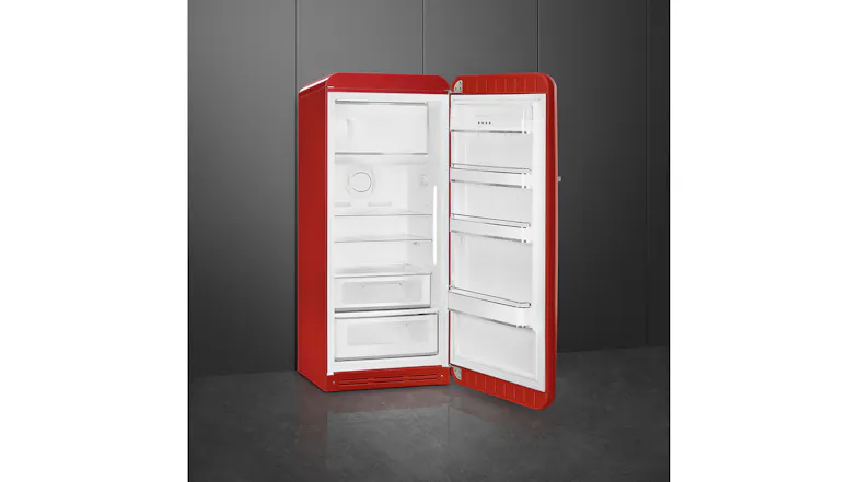 An empty red single-door Smeg 281L Refrigerator standing wide open An empty red single-door Smeg 281L Refrigerator standing wide open