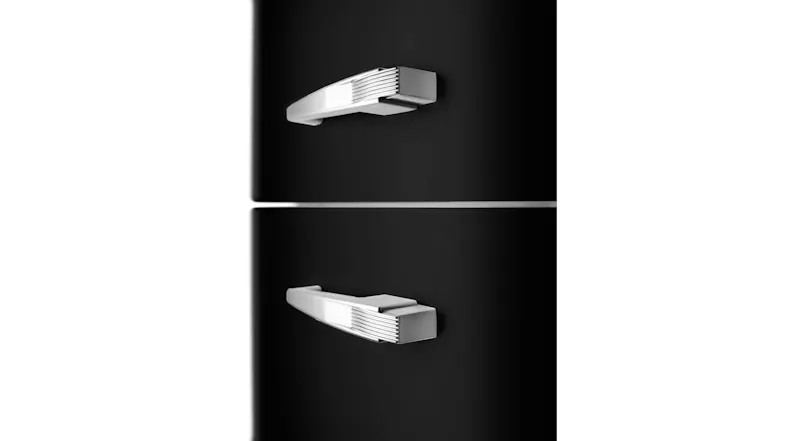 Close-up of black retro fridge doors with two chrome handles and a horizontal divider Close-up of black retro fridge doors with two chrome handles and a horizontal divider