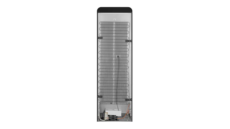 Back view of Smeg fridge freezer showing exposed condenser coils and bottom-mounted components Back view of Smeg fridge freezer showing exposed condenser coils and bottom-mounted components