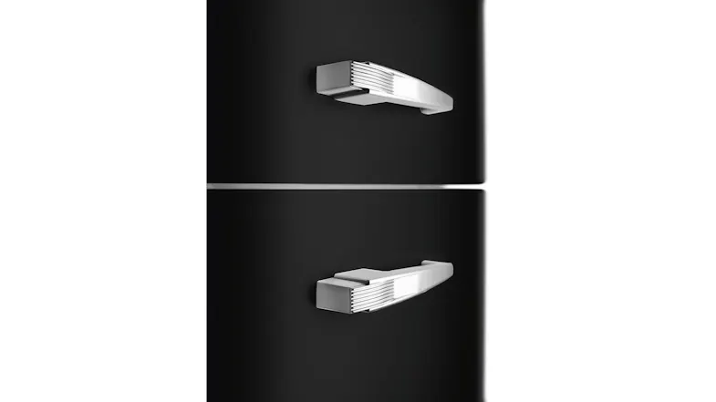 Close-up of a black refrigerator with two chrome handles and a horizontal seam between compartments Close-up of a black refrigerator with two chrome handles and a horizontal seam between compartments