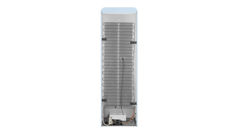 A rear view of the Smeg refrigerator showing exposed cooling coils and the bottom mechanical compressor parts A rear view of the Smeg refrigerator showing exposed cooling coils and the bottom mechanical compressor parts