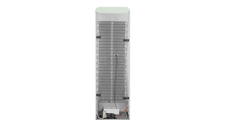 Rear view of a 50’s style Fridge Freezer, revealing the black condenser coils, compressor, and drip tray assembly Rear view of a 50’s style Fridge Freezer, revealing the black condenser coils, compressor, and drip tray assembly