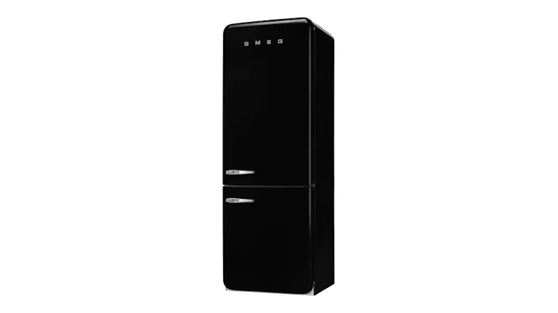 Black Smeg retro-style fridge viewed from the right side, featuring chrome handles and rounded corners Black Smeg retro-style fridge viewed from the right side, featuring chrome handles and rounded corners