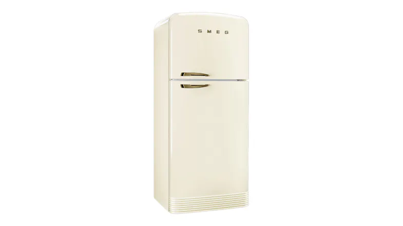 Cream Smeg retro fridge at a slight angle, featuring a glossy finish and chrome handles Cream Smeg retro fridge at a slight angle, featuring a glossy finish and chrome handles