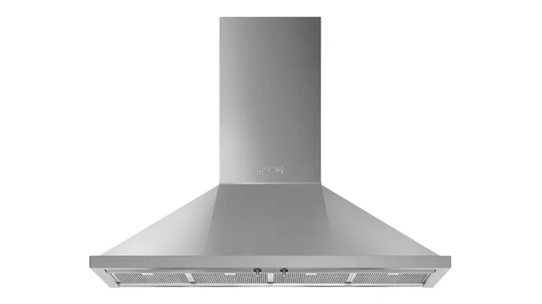 Front view of a stainless steel Smeg Portofino 120 cm wall-mounted rangehood with chimney Front view of a stainless steel Smeg Portofino 120 cm wall-mounted rangehood with chimney