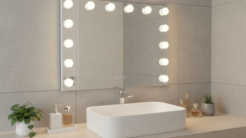 A wide view of the illuminated makeup mirror wall-mounted above a modern bathroom sink A wide view of the illuminated makeup mirror wall-mounted above a modern bathroom sink