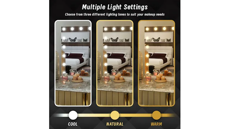 A collage showing a close-upside angle of the mirror with cool, natural, and warm lighting settings A collage showing a close-upside angle of the mirror with cool, natural, and warm lighting settings