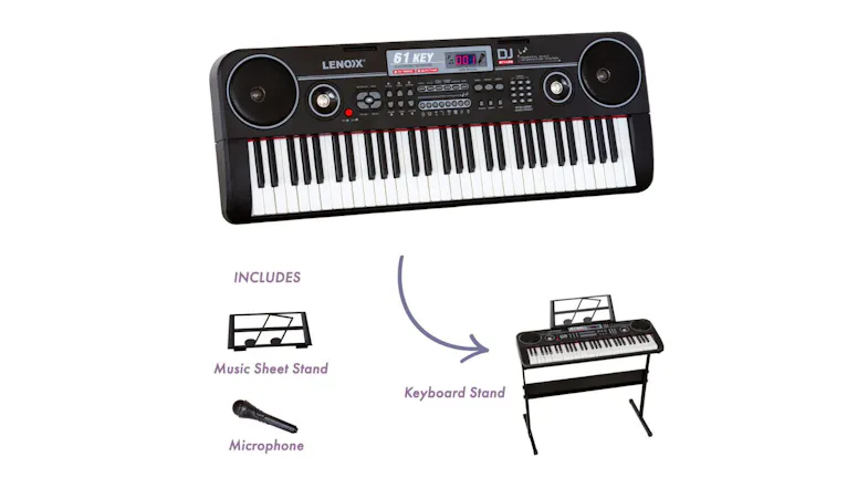 61-key electronic keyboard with speakers, LCD, and included stand, microphone, sheet music holder 61-key electronic keyboard with speakers, LCD, and included stand, microphone, sheet music holder