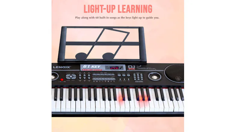 Black 61-key keyboard with light-up learning keys, LCD screen, and dual speakers for easy music practice Black 61-key keyboard with light-up learning keys, LCD screen, and dual speakers for easy music practice